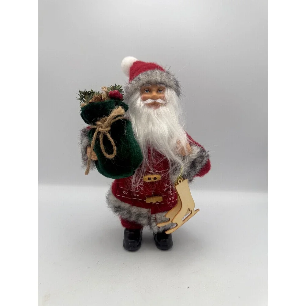 Santa Claus Figurine Red Felt Suit with Ice Skates and Green Toy Bag 8 Inch